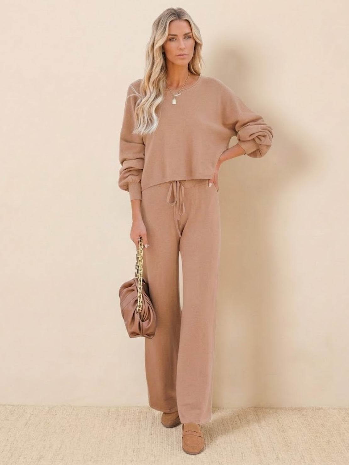 Women's tonal cropped sweatshirt and wide-leg drawstring pants lounge set in casual relaxed fit