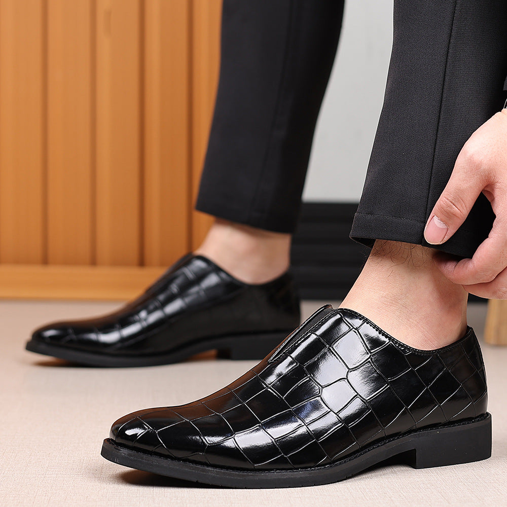 Men's black crocodile-embossed high-gloss leather loafers with stacked heel and sleek slip-on silhouette