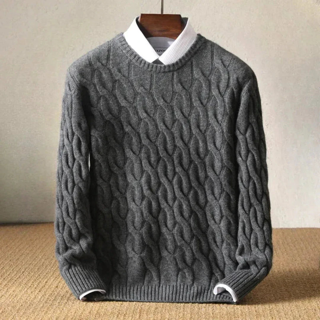 Beige cable knit sweater with ribbed cuffs, classic chunky pattern, perfect for smart-casual layering