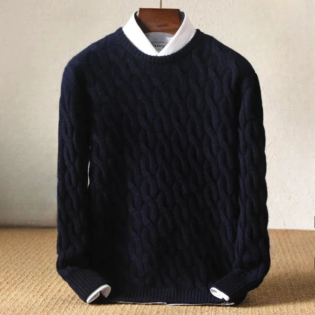 Beige cable knit sweater with ribbed cuffs, classic chunky pattern, perfect for smart-casual layering