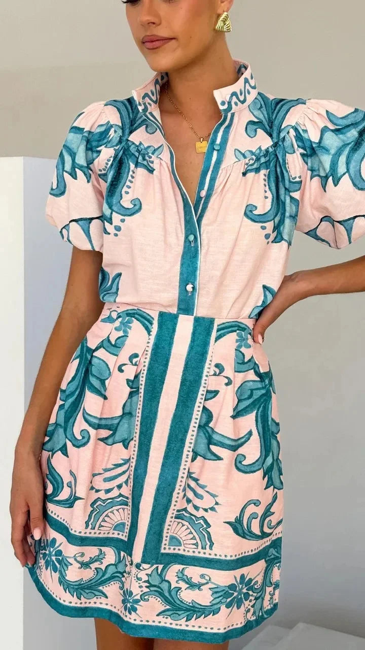 Women's pink red floral baroque mini shirt dress with voluminous puff sleeves and button-front silhouette