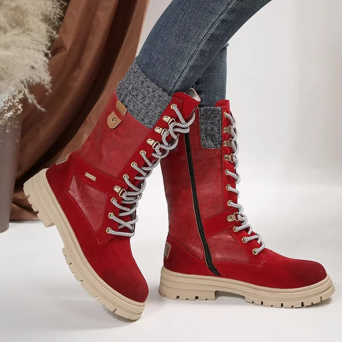Women's brown retro lace-up mid-calf winter boots with rib-knit cuff and plush lining
