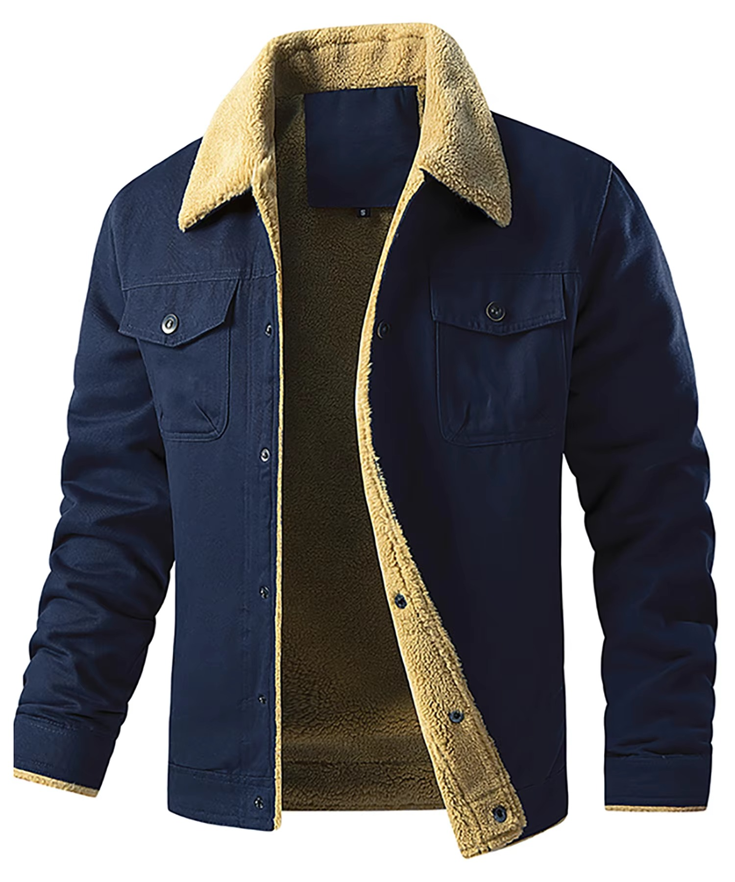 Men's black fleece lined winter jacket with faux shearling interior, warm insulated everyday outerwear