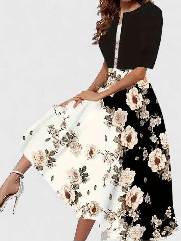 Royal blue and white floral midi dress, A-line 3/4 sleeve occasion dress with bold blooms