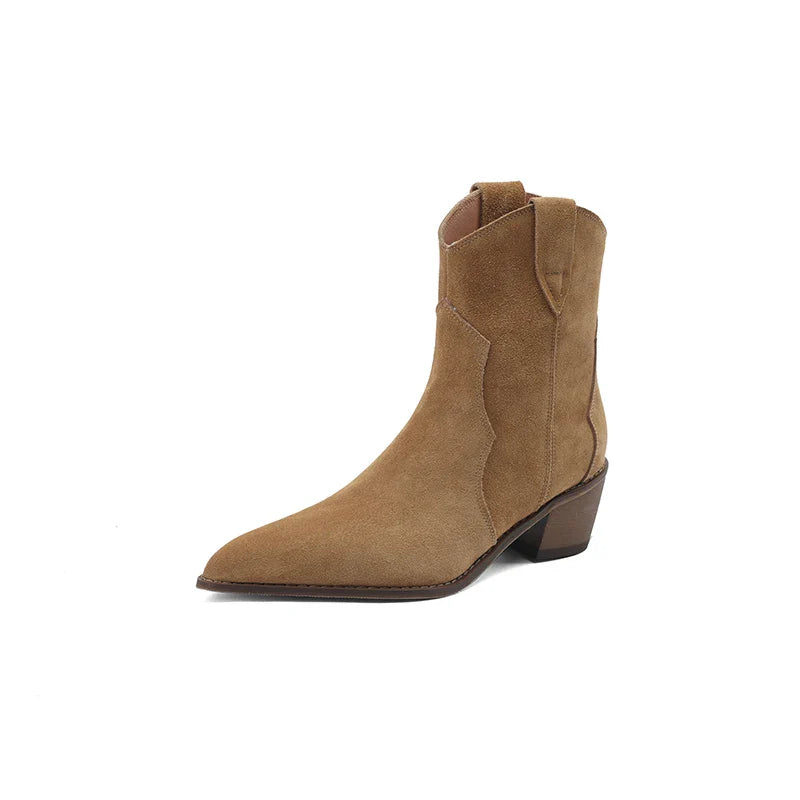 Jasmine tan suede Chelsea boots with western-inspired design and elastic side panels