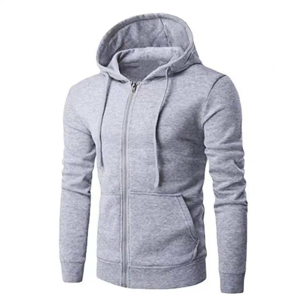 Men's classic gray zip-up street hoodie with attached drawstring hood for urban everyday wear