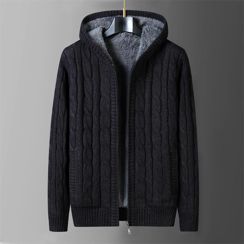 Giorgio wool knitted sweater in neutral tone, hooded full-zip cozy knit with premium wool-lined interior