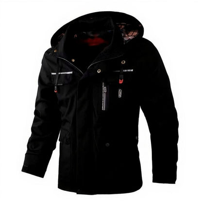 Men's waterproof soft shell windbreaker jacket with fleece lining, hooded slim fit, navy blue outdoor style