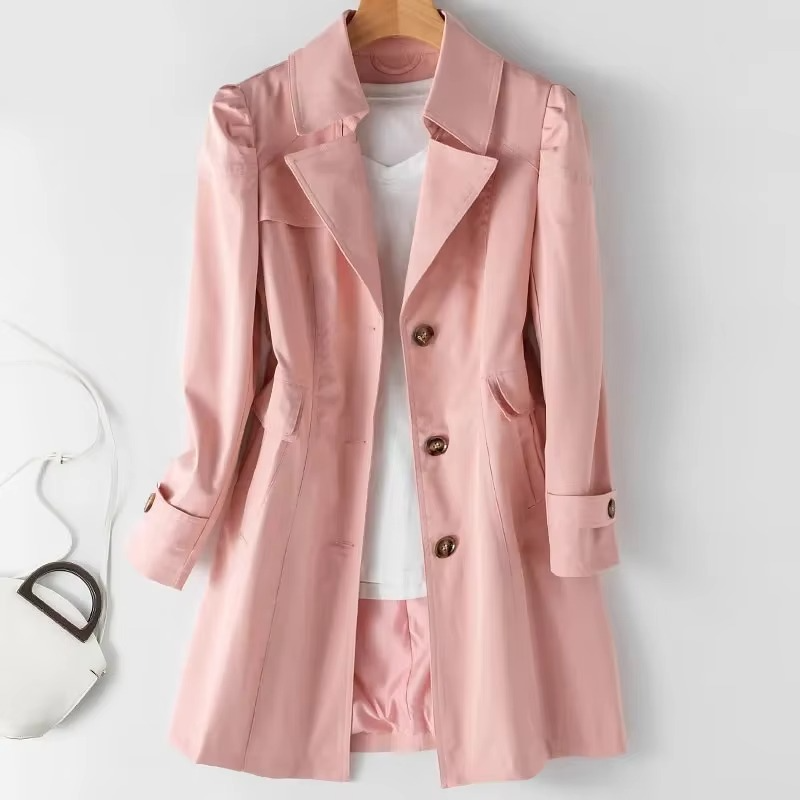 Women beige double-breasted mid-length trench coat timeless spring fall elegance belted waist
