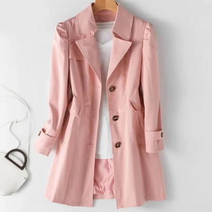 Women beige double-breasted mid-length trench coat timeless spring fall elegance belted waist