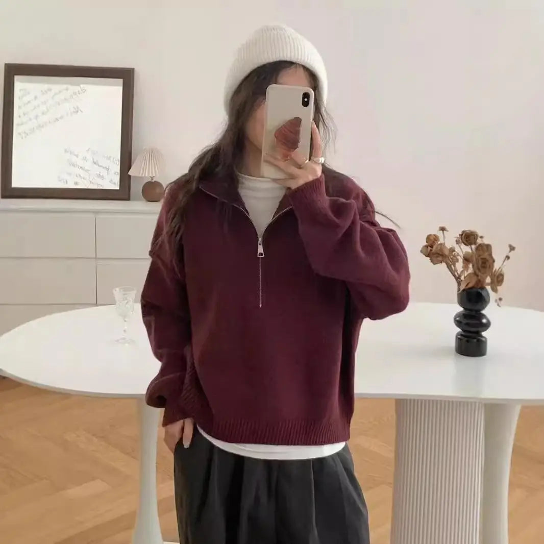 Aurora high neck knit sweater in cozy fabric with half-zip closure for chic autumn layering