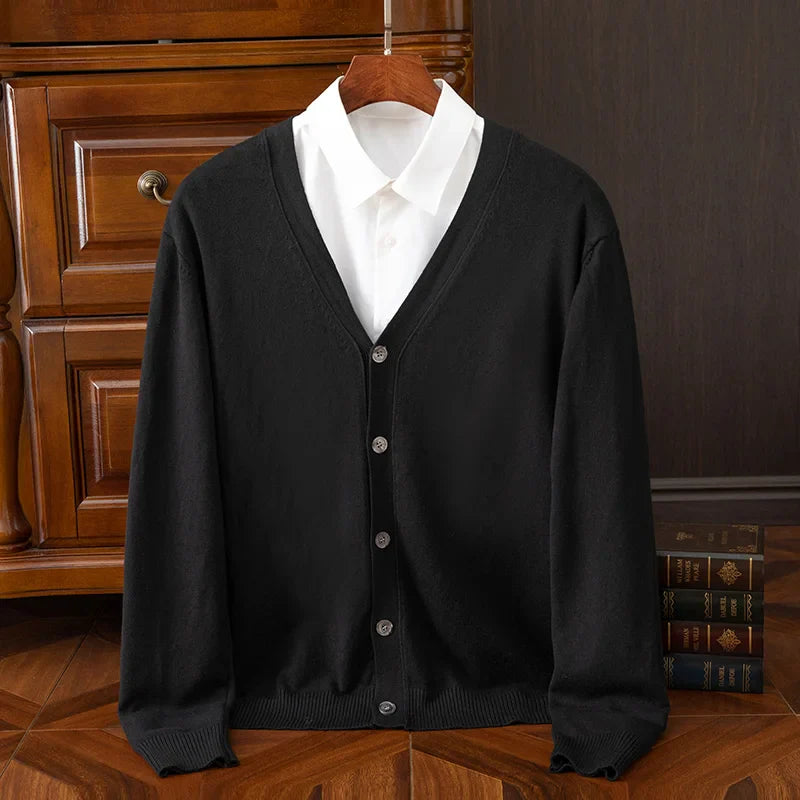 Men's grey cashmere wool blend cardigan with V-neck relaxed fit and refined heritage styling