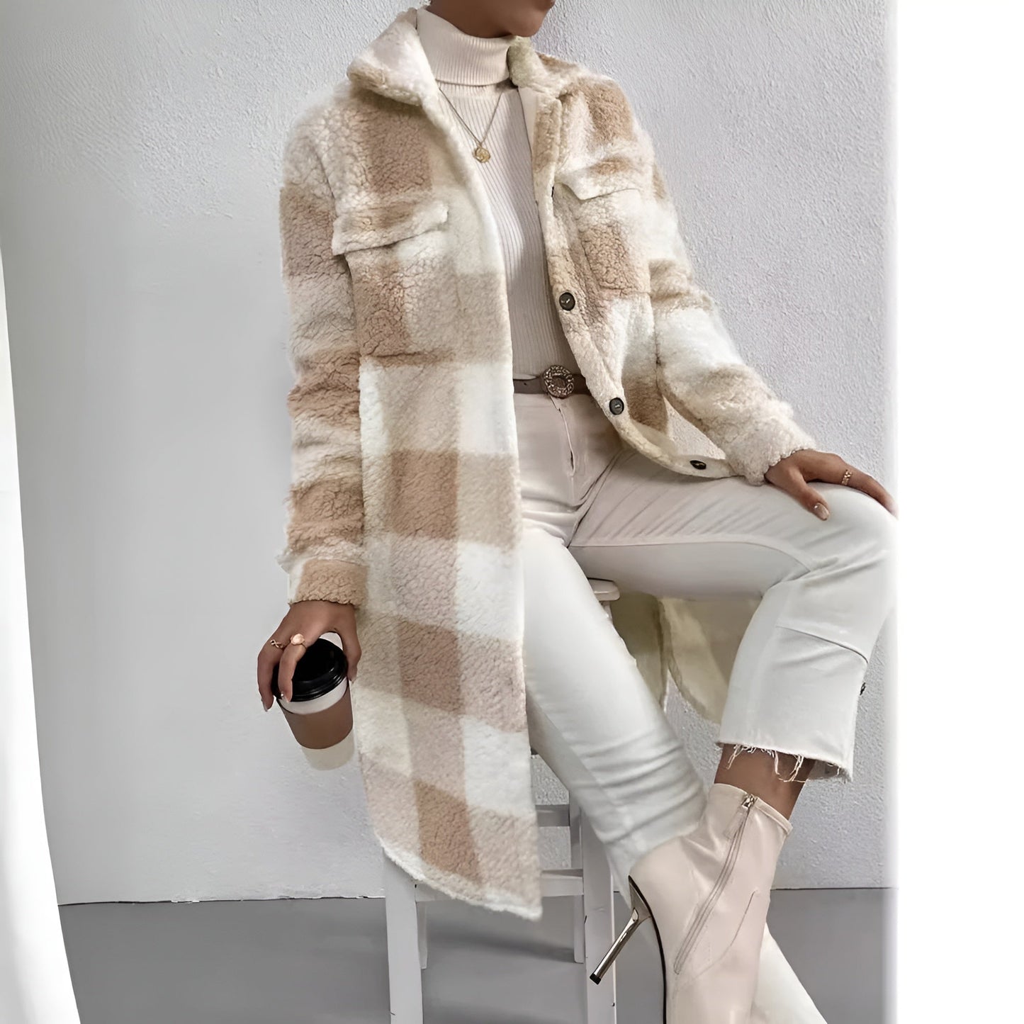 Estella women's plaid fleece open trench coat, cozy fall layering piece in classic pattern