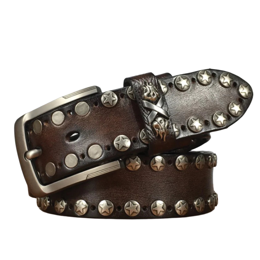 vegan leather cowskin belt with metal studs, pin buckle, edgy punk style in classic brown