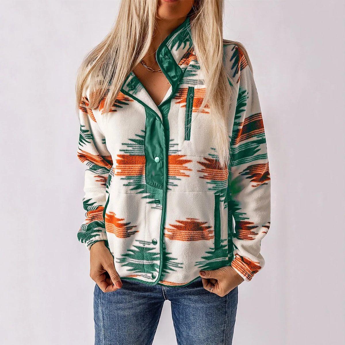 Coral fleece button-up sweater with ethnic-inspired print and color-block design