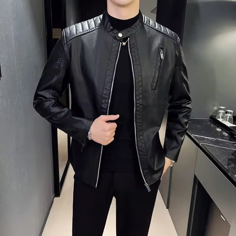 Men's black PU leather motorcycle jacket slim-fit biker style with bold streamlined design
