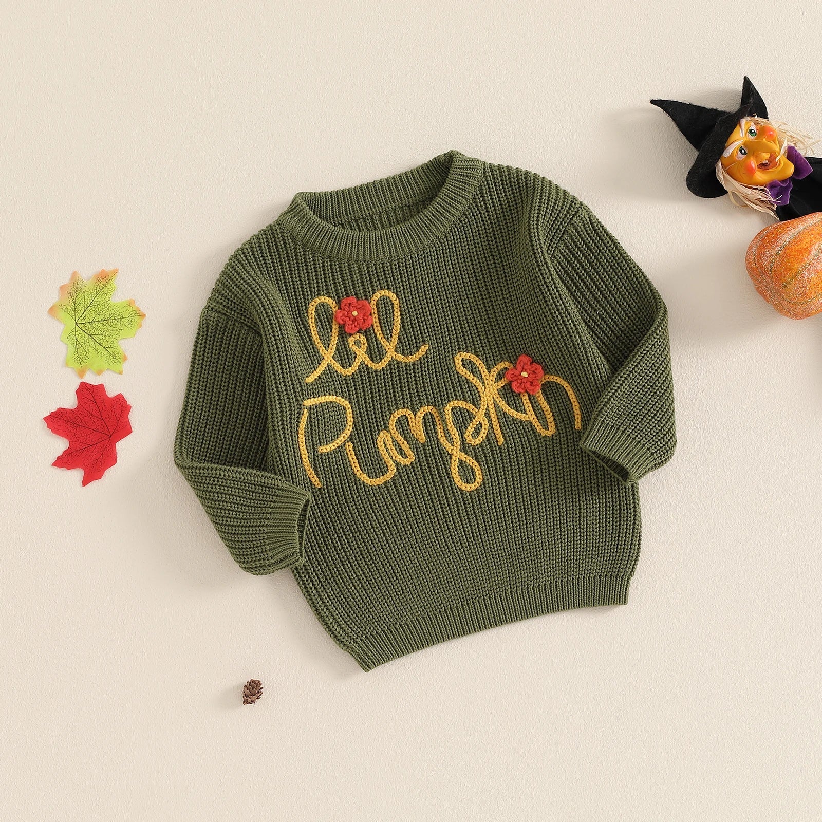 Kids' Halloween knit sweater with long sleeves featuring pumpkin and ghost embroidery
