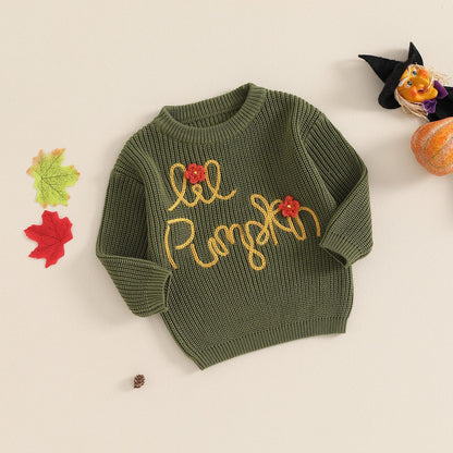 Kids' Halloween knit sweater with long sleeves featuring pumpkin and ghost embroidery