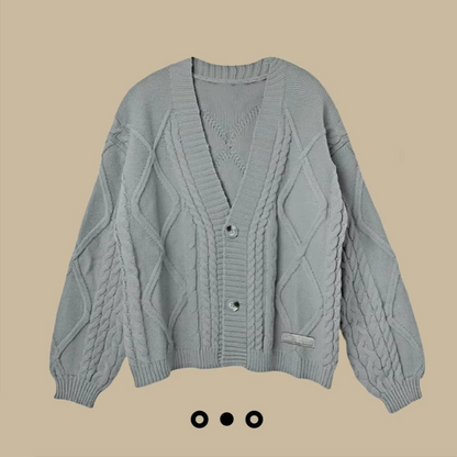 Women's rust knit cardigan with autumn maple leaf embroidery, cozy midweight relaxed-fit layer