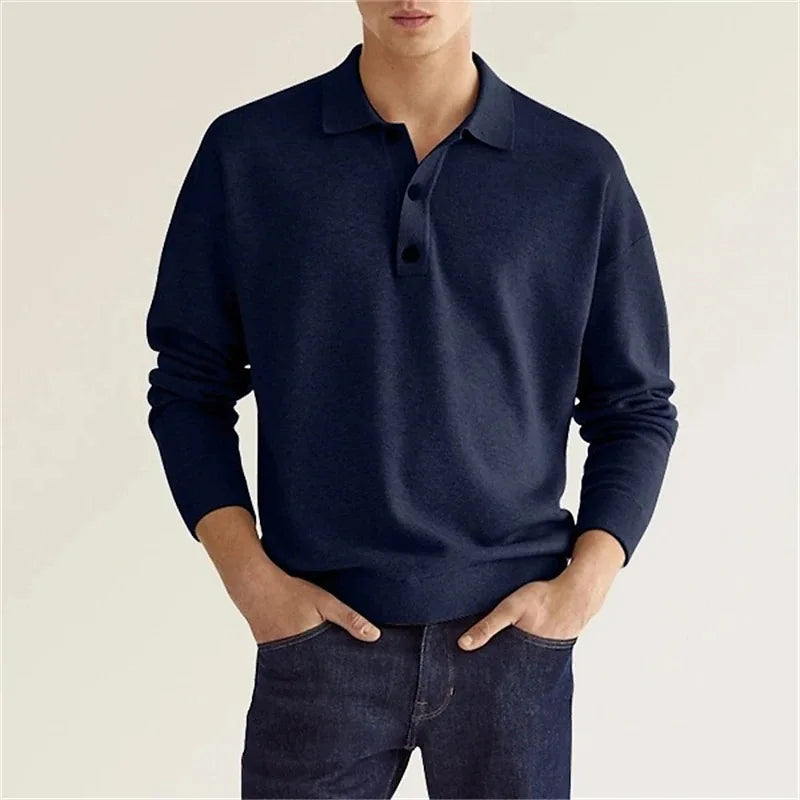 Men's gray wool-cotton blend classic polo shirt with lapel collar, soft breathable fabric