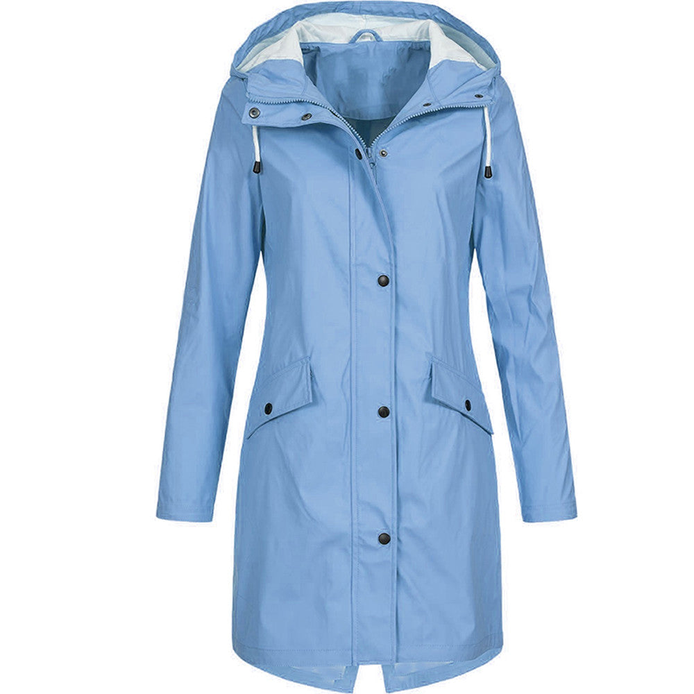 Women's hooded rain jacket in relaxed fit, mid-thigh length, water-resistant zip-front style