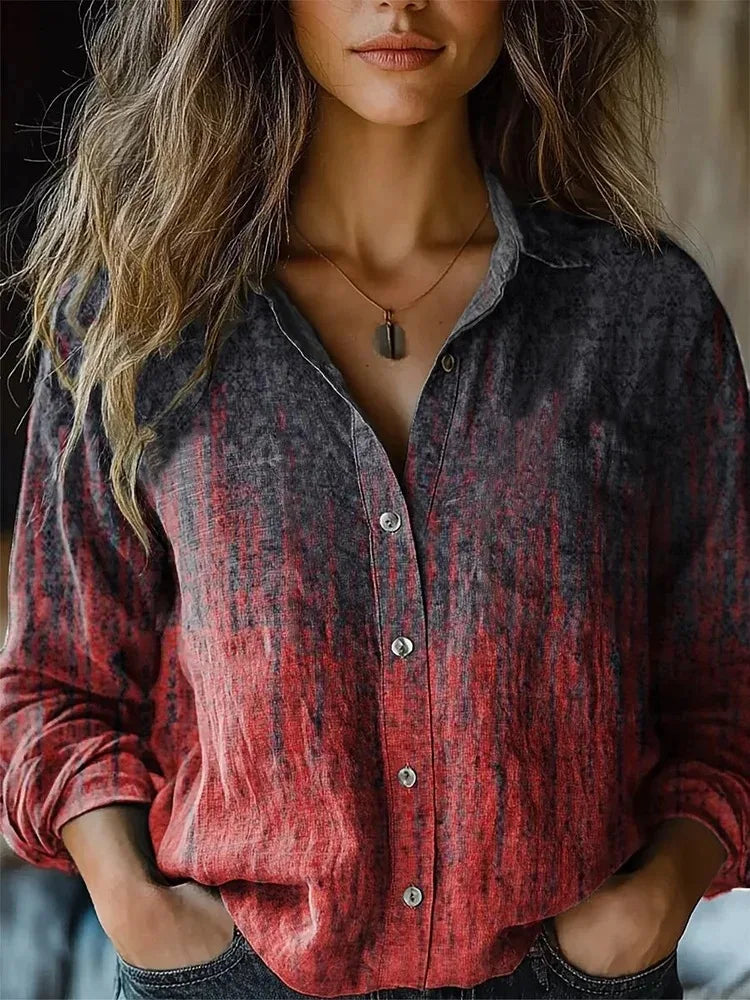 Women's vintage floral button-down shirt in terracotta and dusty rose with tapestry botanical print