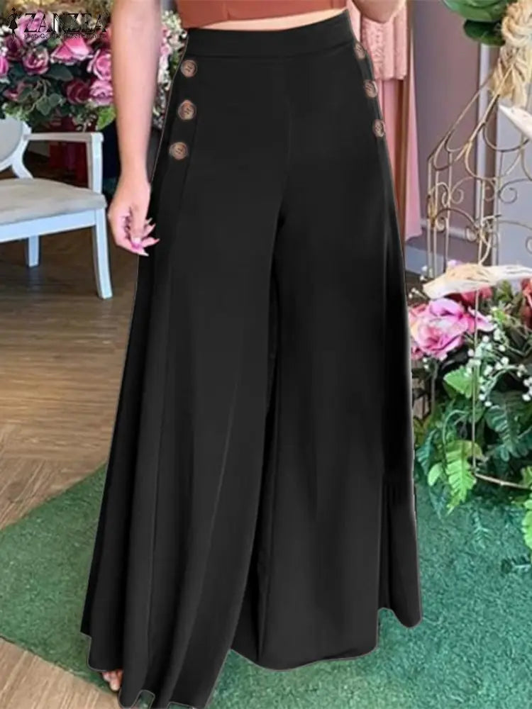 Women's high-waisted loose fit palazzo pants with elegant button detail, relaxed silhouette