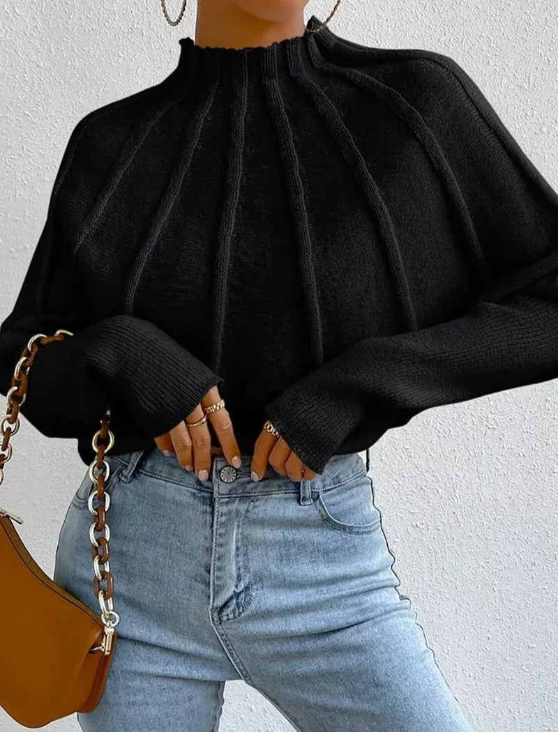 Sunburst pattern ribbed knit sweater mock neck batwing oversized arms with snug cuffs relaxed fit