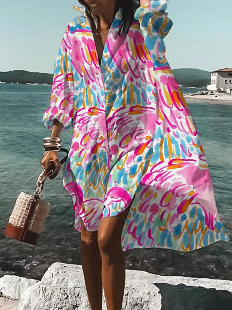 Women's oversized midi shirt dress vibrant floral print relaxed silhouette summer style