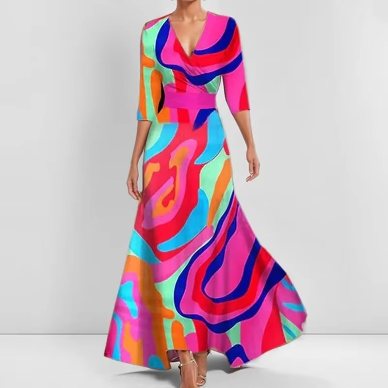 Women's ankle-length floral printed pleated dress with elegant V-neckline and flowing silhouette