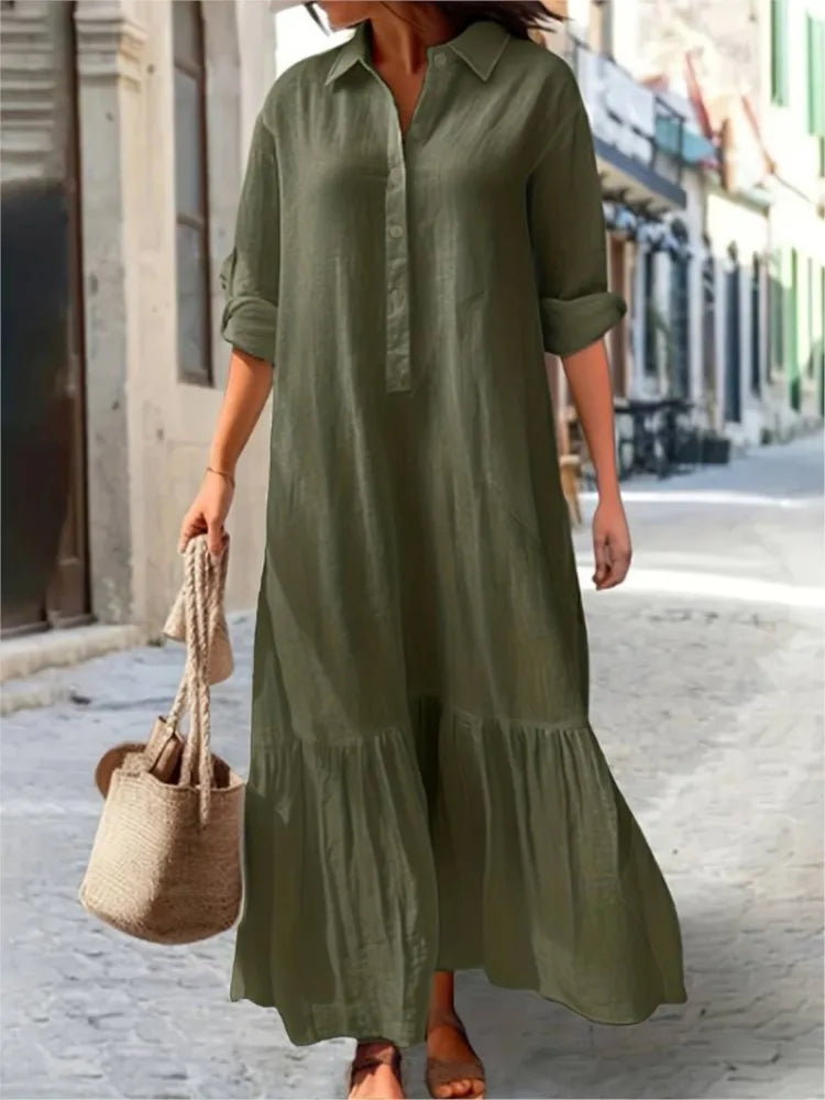 Tiered cotton maxi dress in shirt style, relaxed ankle-length silhouette with layered ruffle tiers
