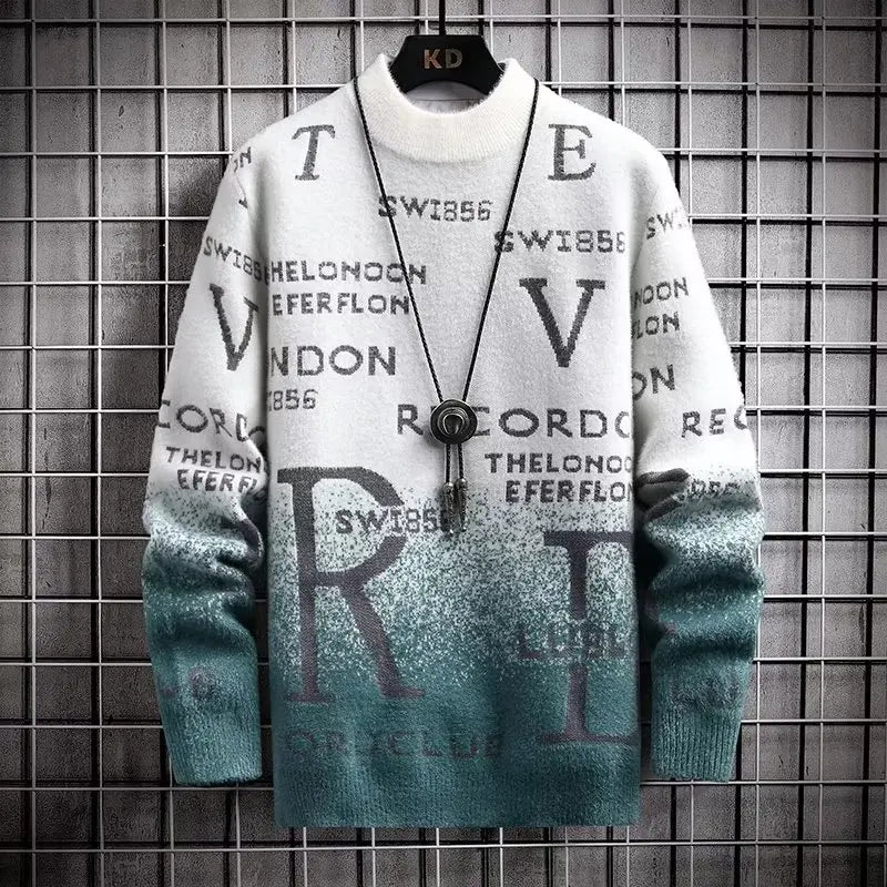 Men's relaxed fit wool-feel knit pullover sweatshirt with subtle text print, O-neck, casual style