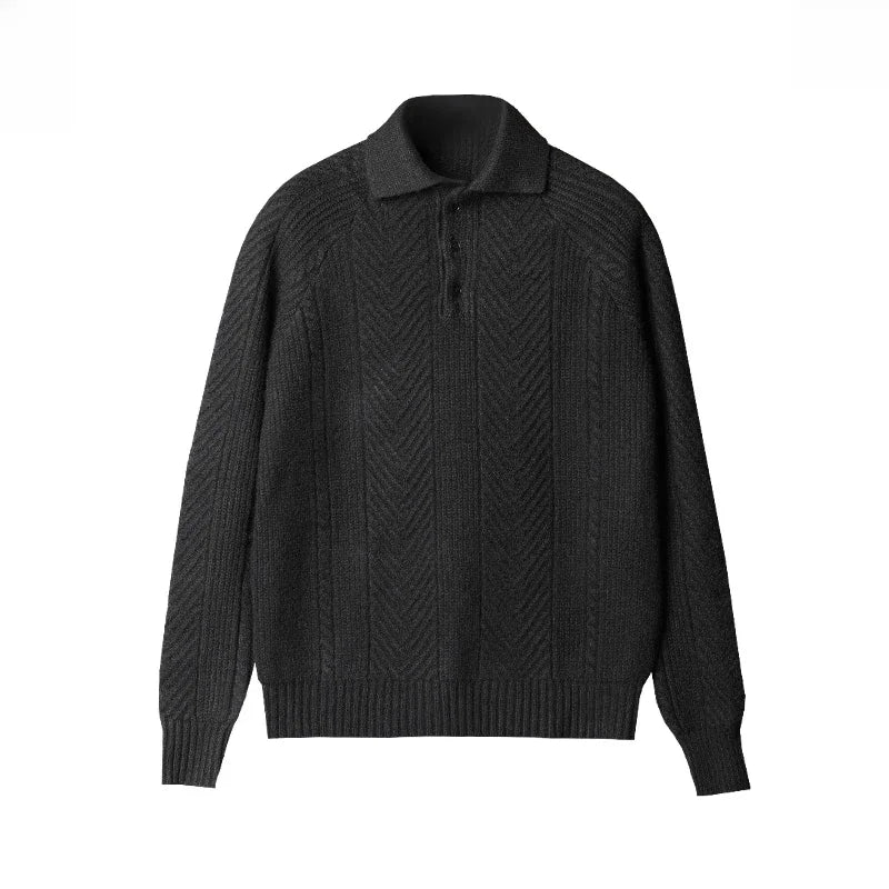Andreas Vela slim fit knitted polo long sleeve neutral tones distinct woven pattern men