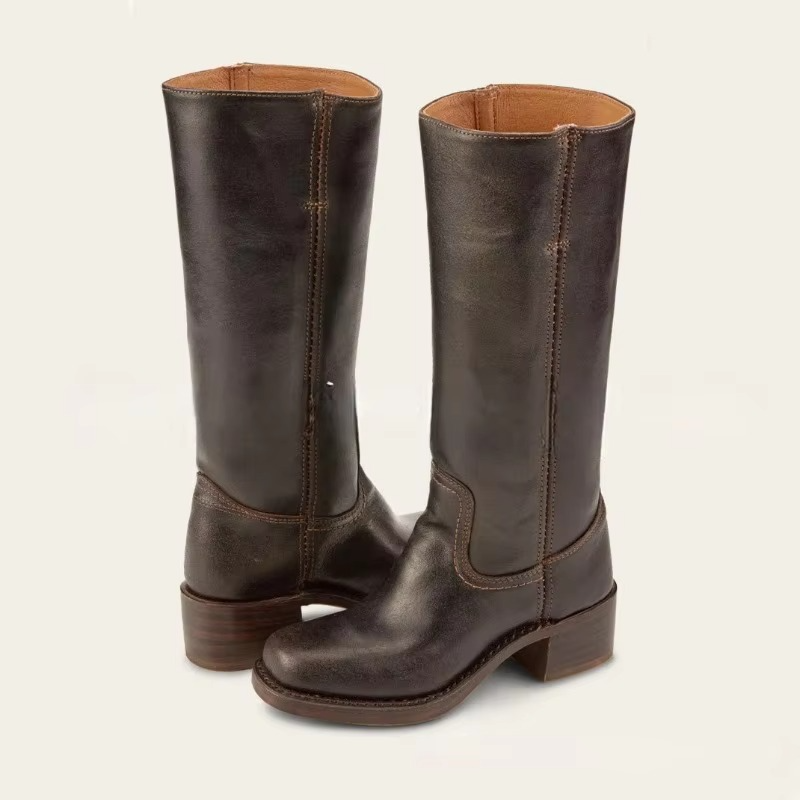 Women's black wide-calf knee-high boots with retro square heel and Western-inspired silhouette