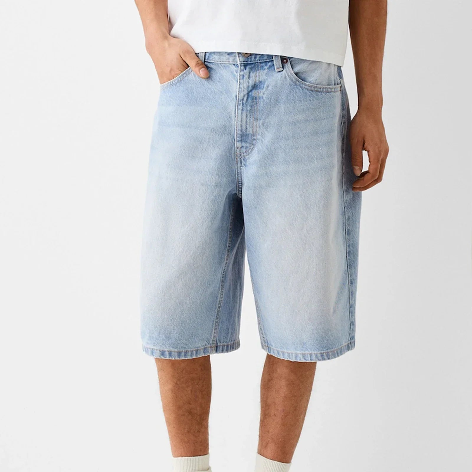 Men's wide-leg washed denim shorts with reinforced stitching and classic five-pocket design