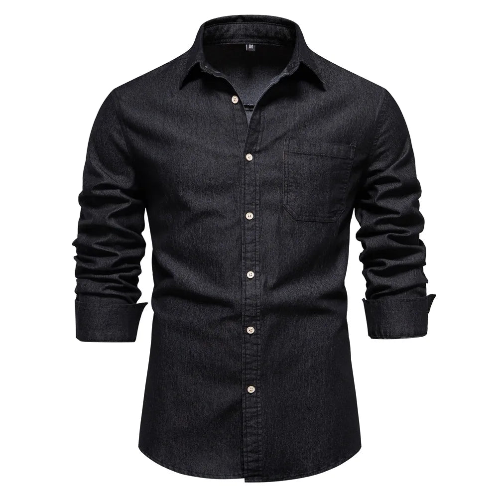 Hunter men's light blue denim button-up shirt casual slim fit with classic washed finish by Wavlynn