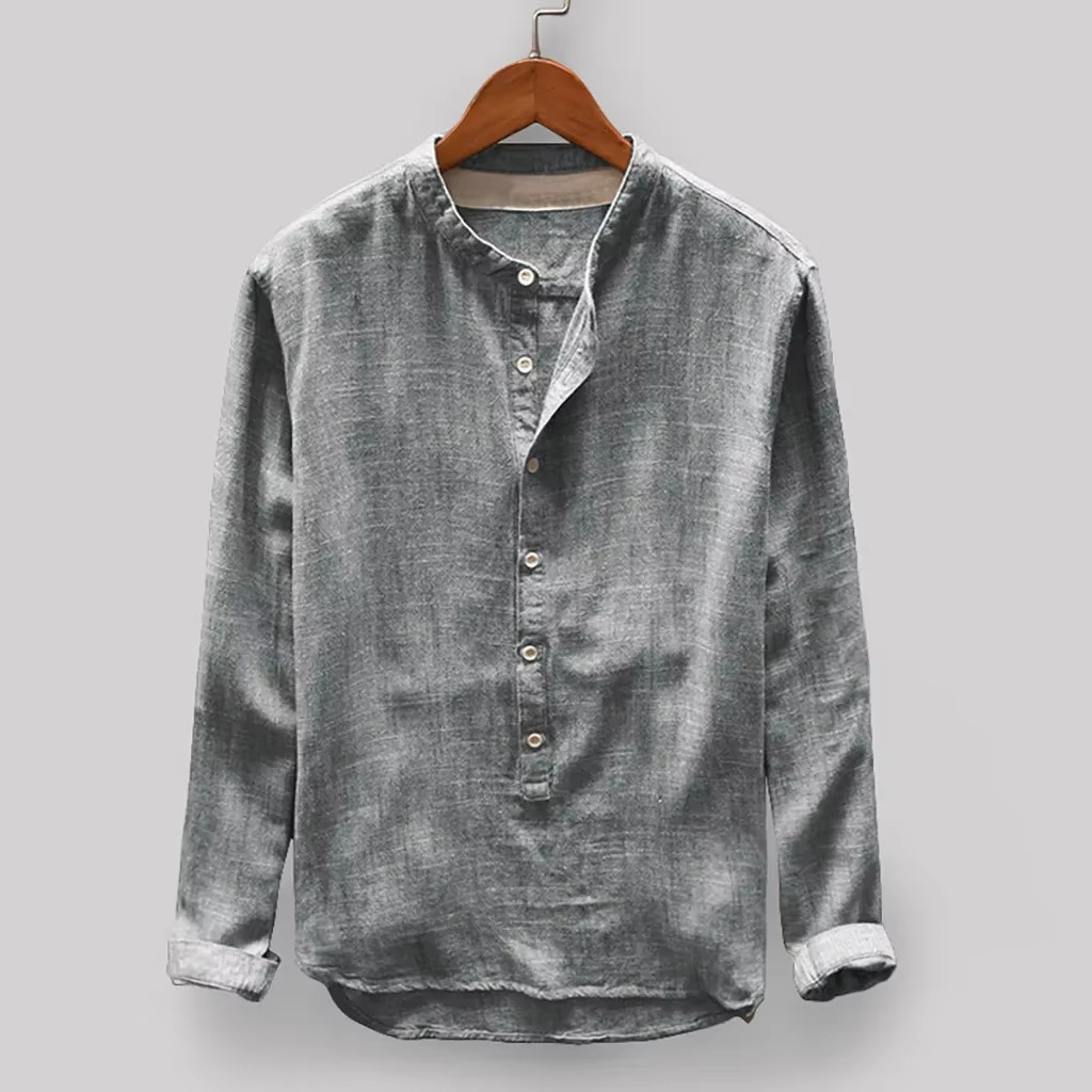 Men's solid color cotton linen long sleeve shirt Japanese minimalist style breathable office weekend fit