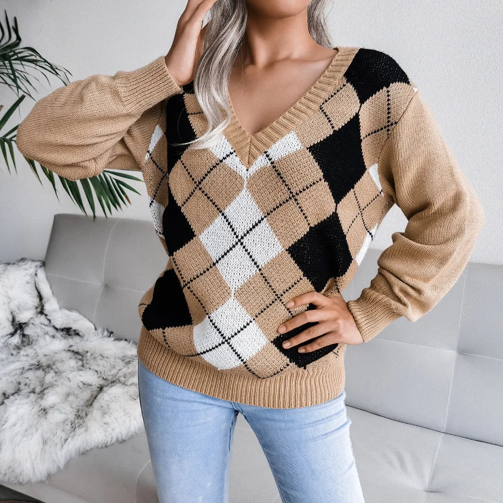 Soft blue diamond-argyle unisex knit pullover with relaxed silhouette and collegiate prep style