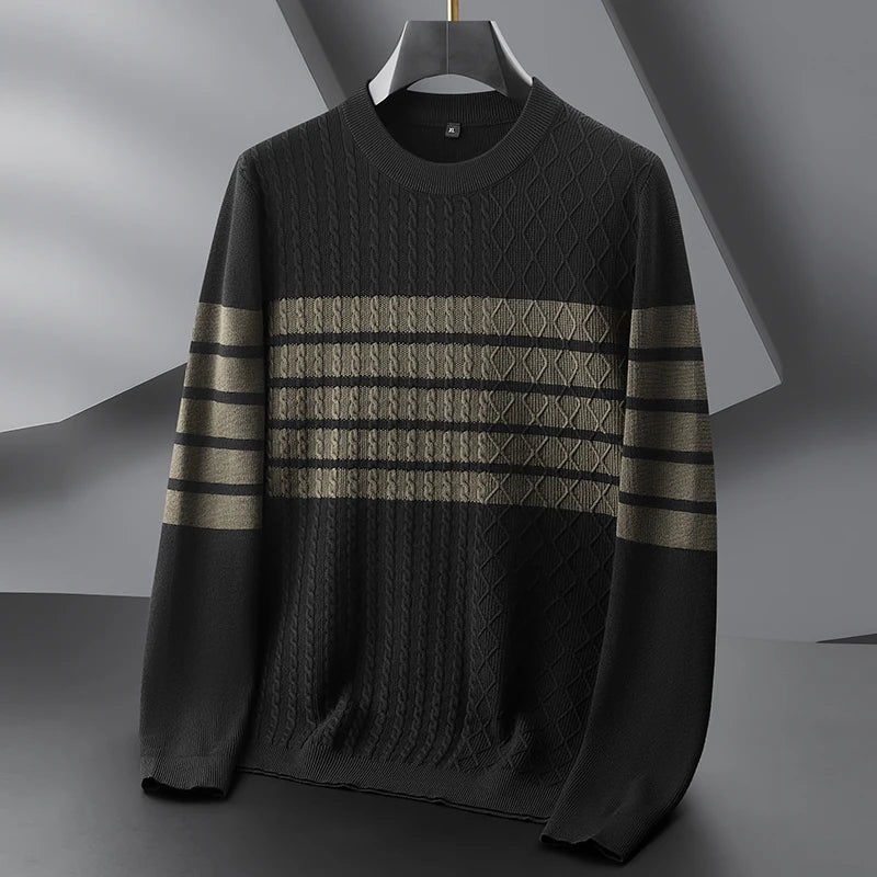 Dark cable and diamond knit sweater with bold contrast horizontal stripe lines, modern split-texture design