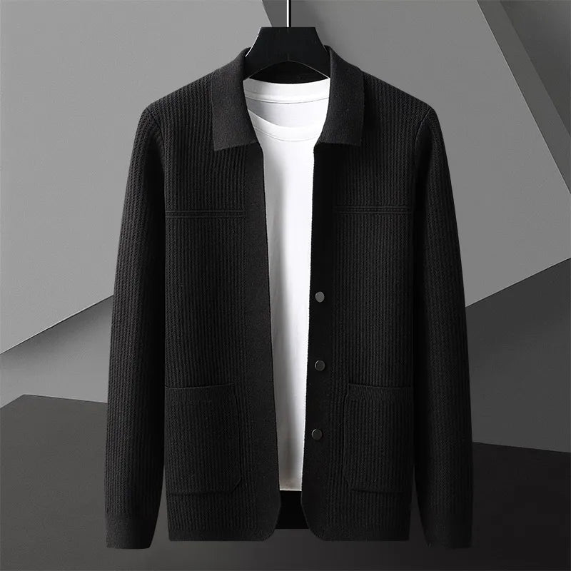 Men's vintage-inspired knit cardigan with sharp lapel, deep front pockets, lightweight classic fit