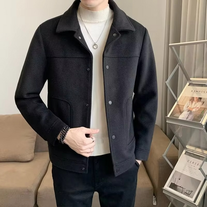 Men's slim fit wool blend short jacket in neutral tone, Korean style with structured silhouette
