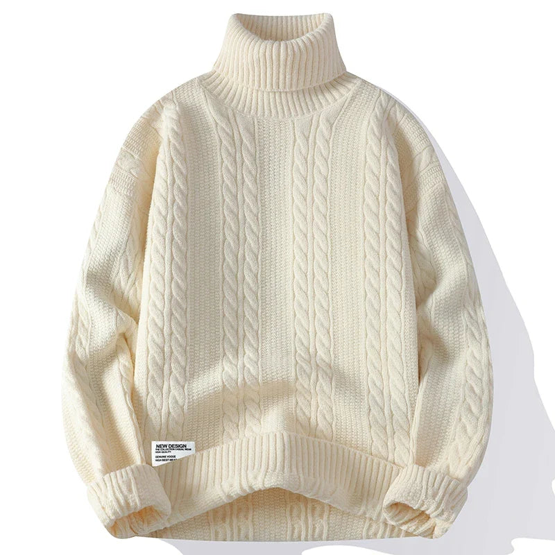 Slim-fit cable-knit turtleneck sweater in neutral tone with all-over textured knit pattern