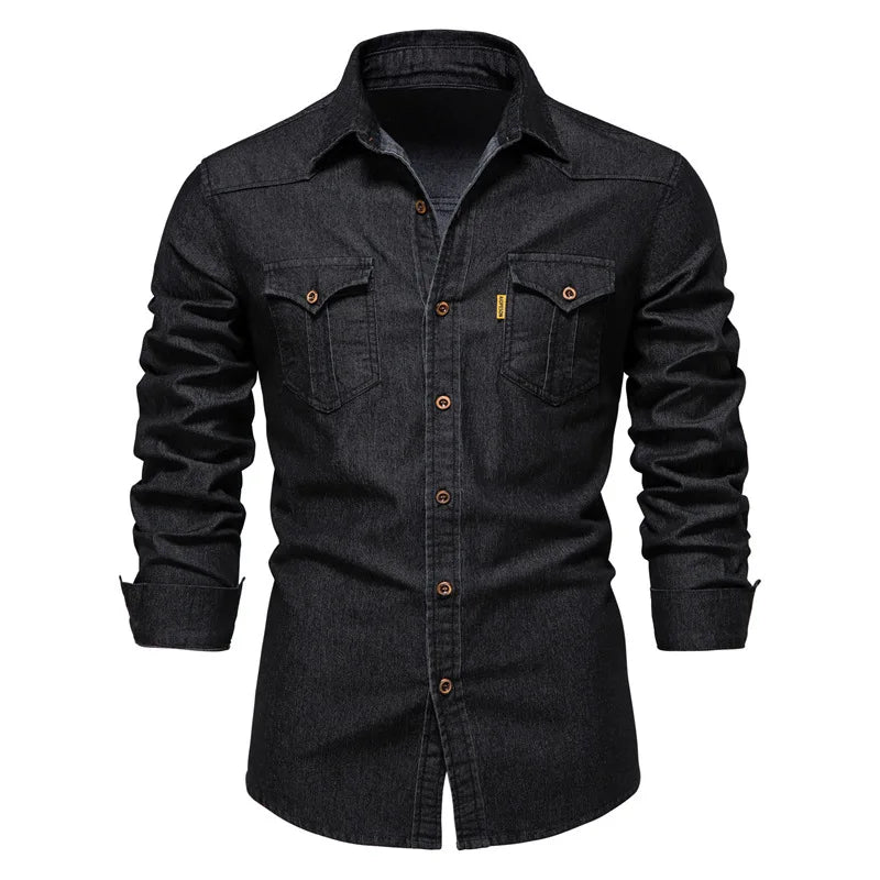 Men's classic casual denim button-up shirt with full-length placket, versatile everyday style S-5XL