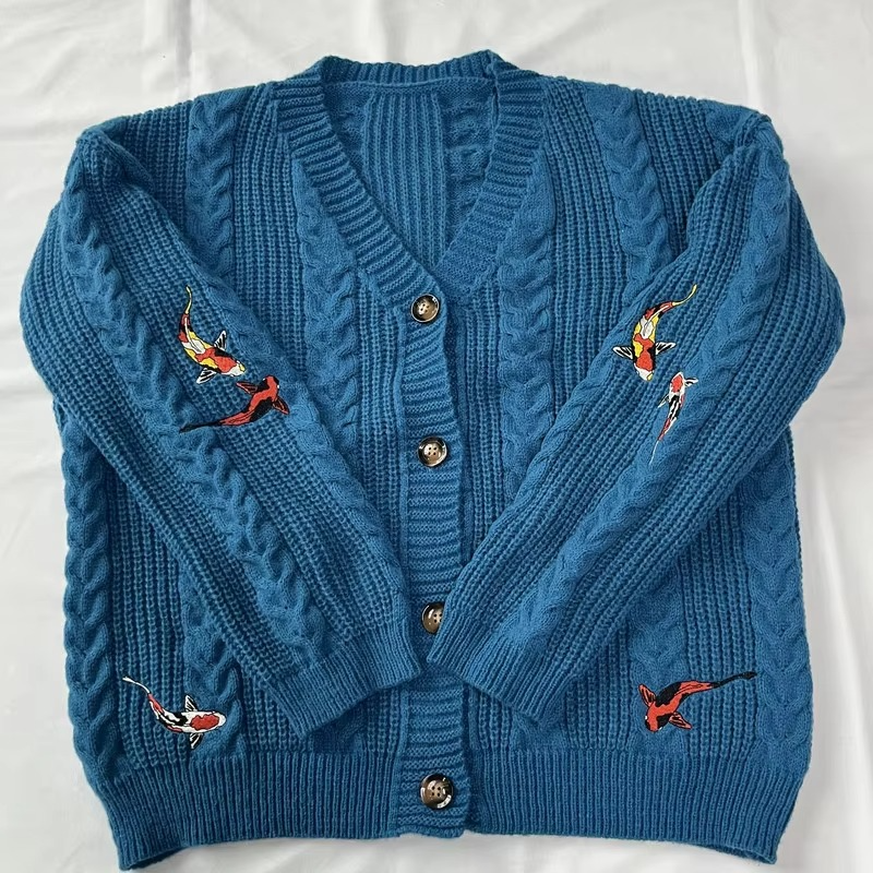 Women's brown knit cardigan with autumn maple leaf embroidery, cozy midweight relaxed-fit layering piece