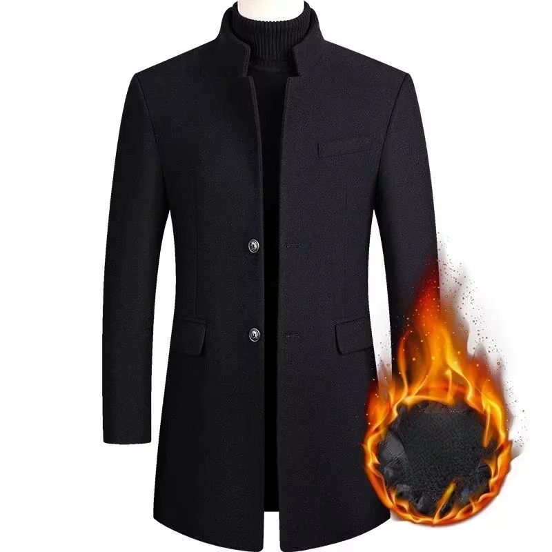 Burgundy wool blend men's trench coat with refined tailoring and thickened fabric for cold weather