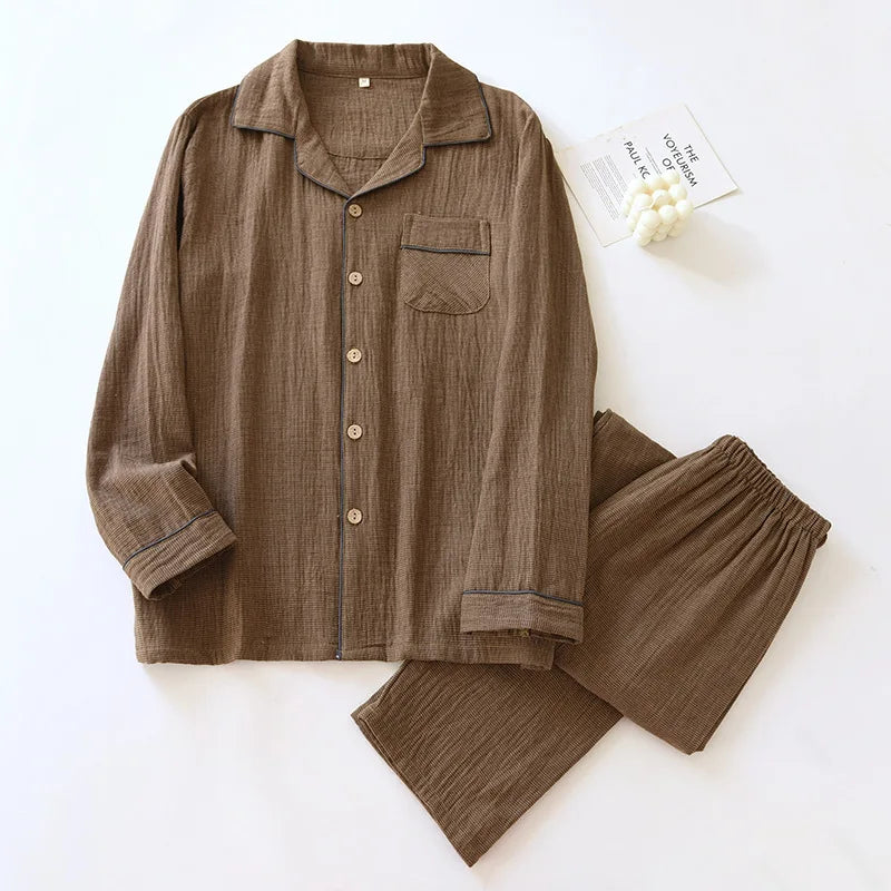 Earthy plaid cotton gauze pajama set, oversized ankle-length silhouette with elastic waist
