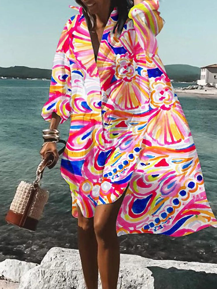 Floral oversized midi shirt dress relaxed summer silhouette with vibrant print and breezy feminine fit
