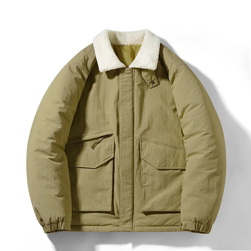 Oversized boxy puffer coat with white sherpa collar, old-country inspired modern outerwear in muted tone