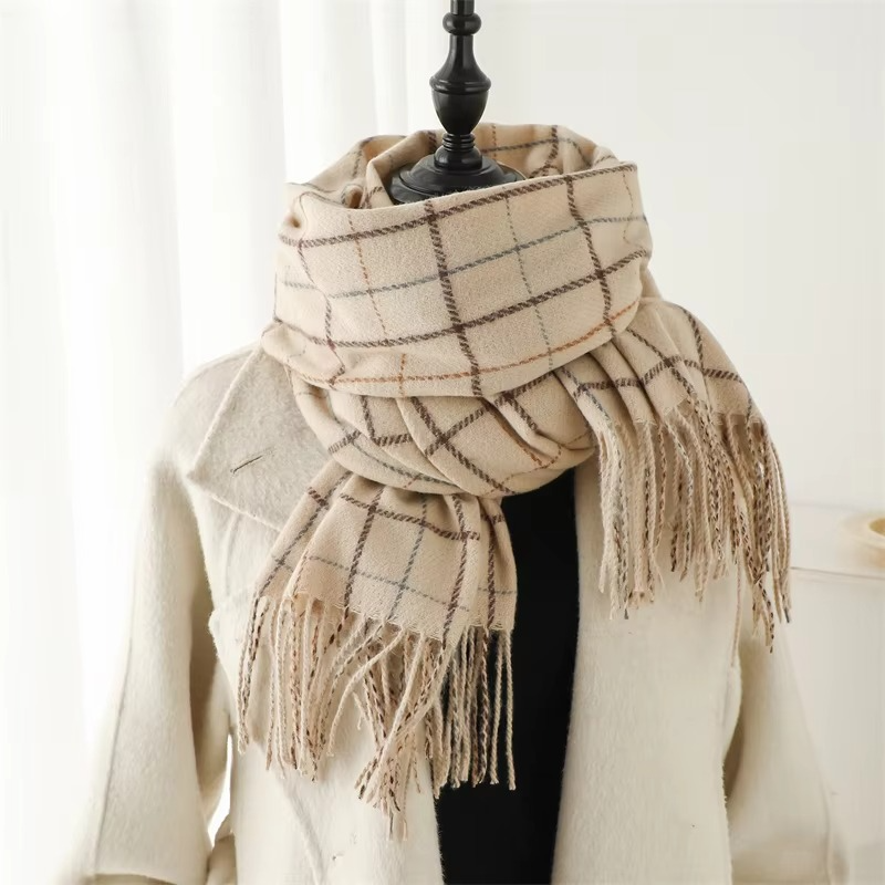 Women's plaid cashmere winter scarf in warm tones, thick pashmina shawl with fringe tassels