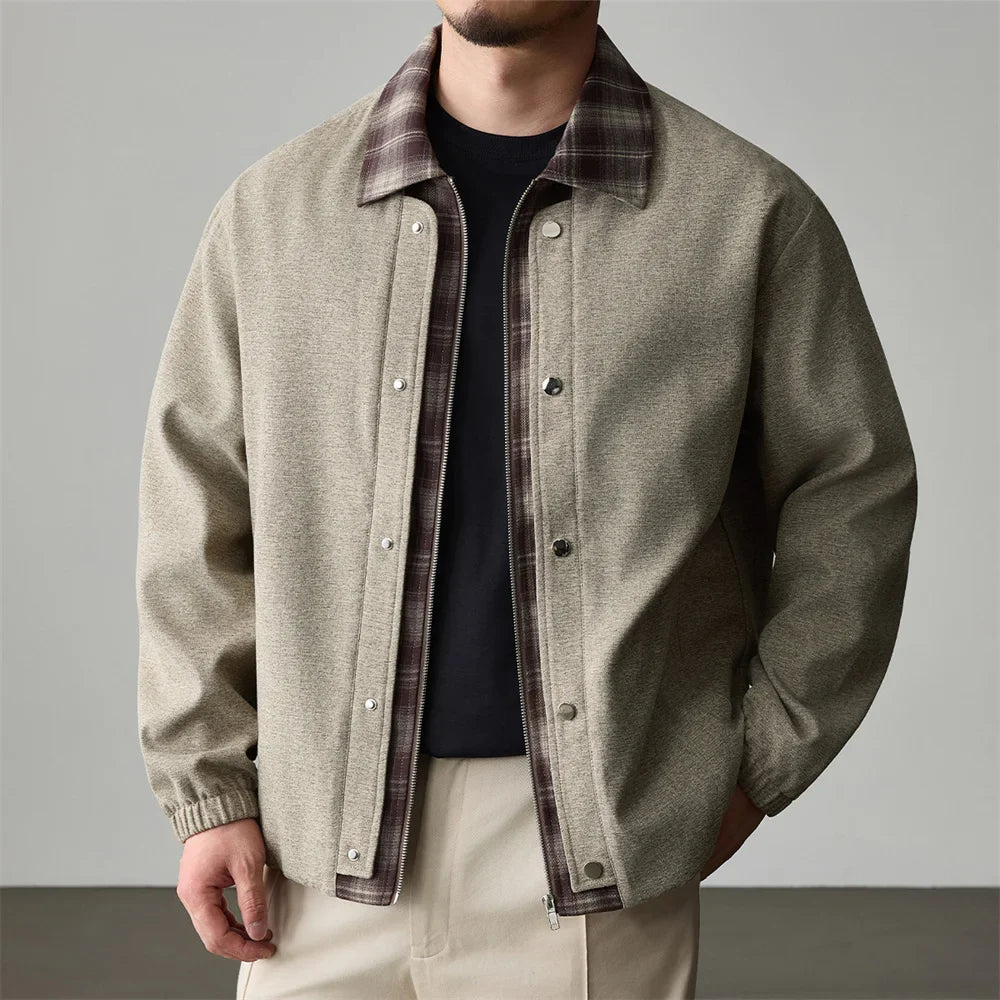 Boston cropped boxy workwear jacket with flannel contrast collar, minimal clean design, snap-front closure